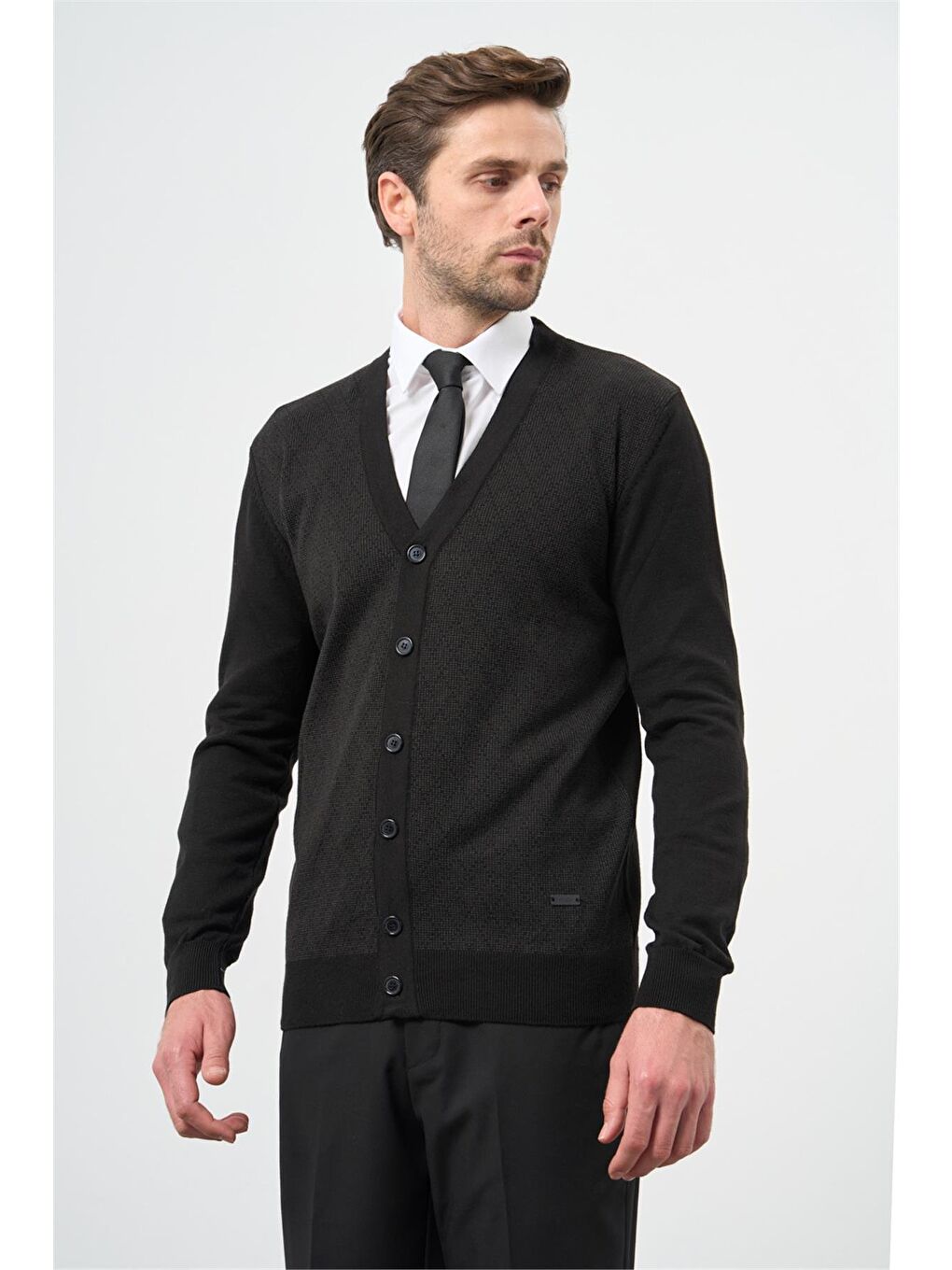 Siyah Uzun Kol Kendinden Desenli Örme V Yaka Classic Comfort Fit Triko 1012245161-3