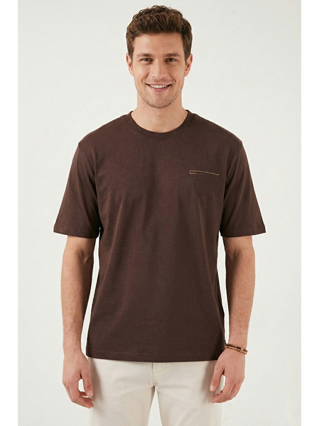 Kahverengi Pamuklu Regular Fit Bisiklet Yaka T Shirt 5904095-1