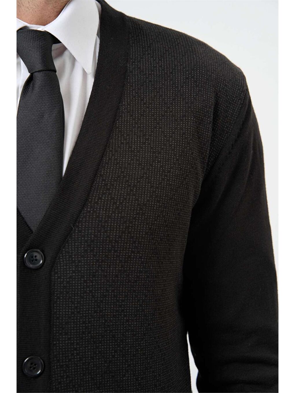 Siyah Uzun Kol Kendinden Desenli Örme V Yaka Classic Comfort Fit Triko 1012245161-4