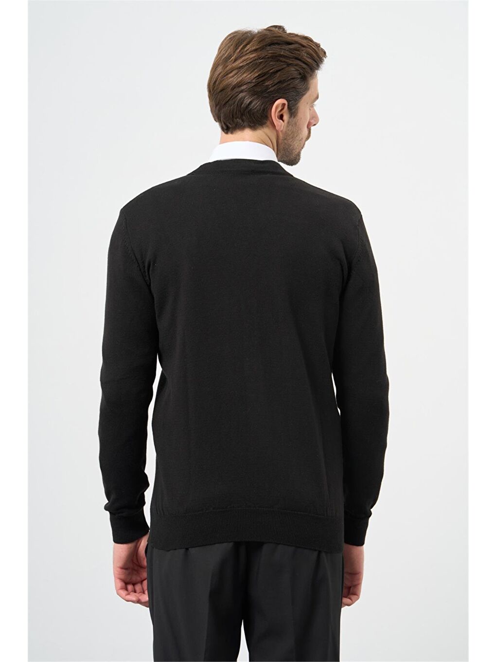 Siyah Uzun Kol Kendinden Desenli Örme V Yaka Classic Comfort Fit Triko 1012245161-5