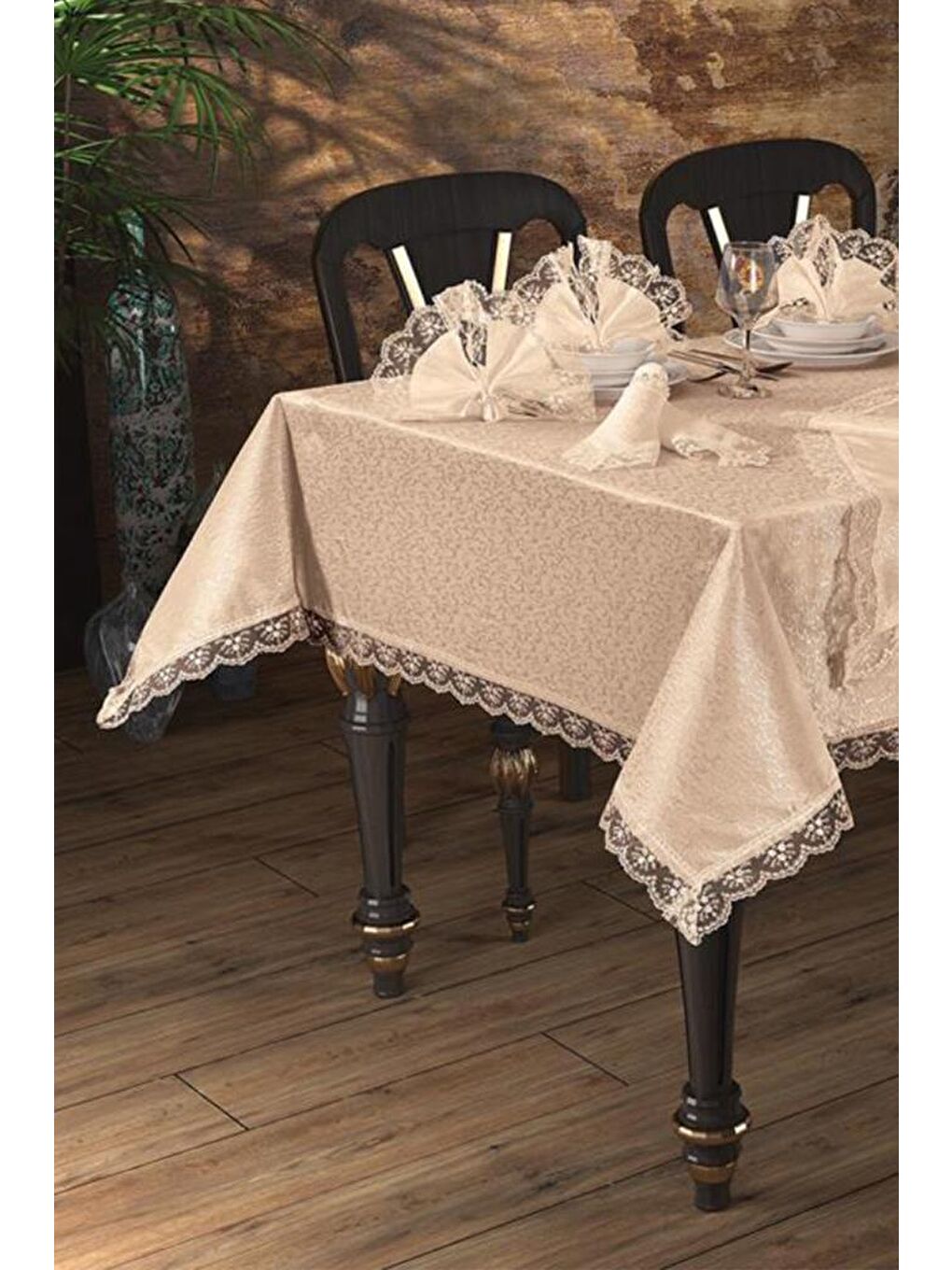 Kahverengi Güpürlü Kdk Masa Örtüsü Takımı 18 Parça Cappucino