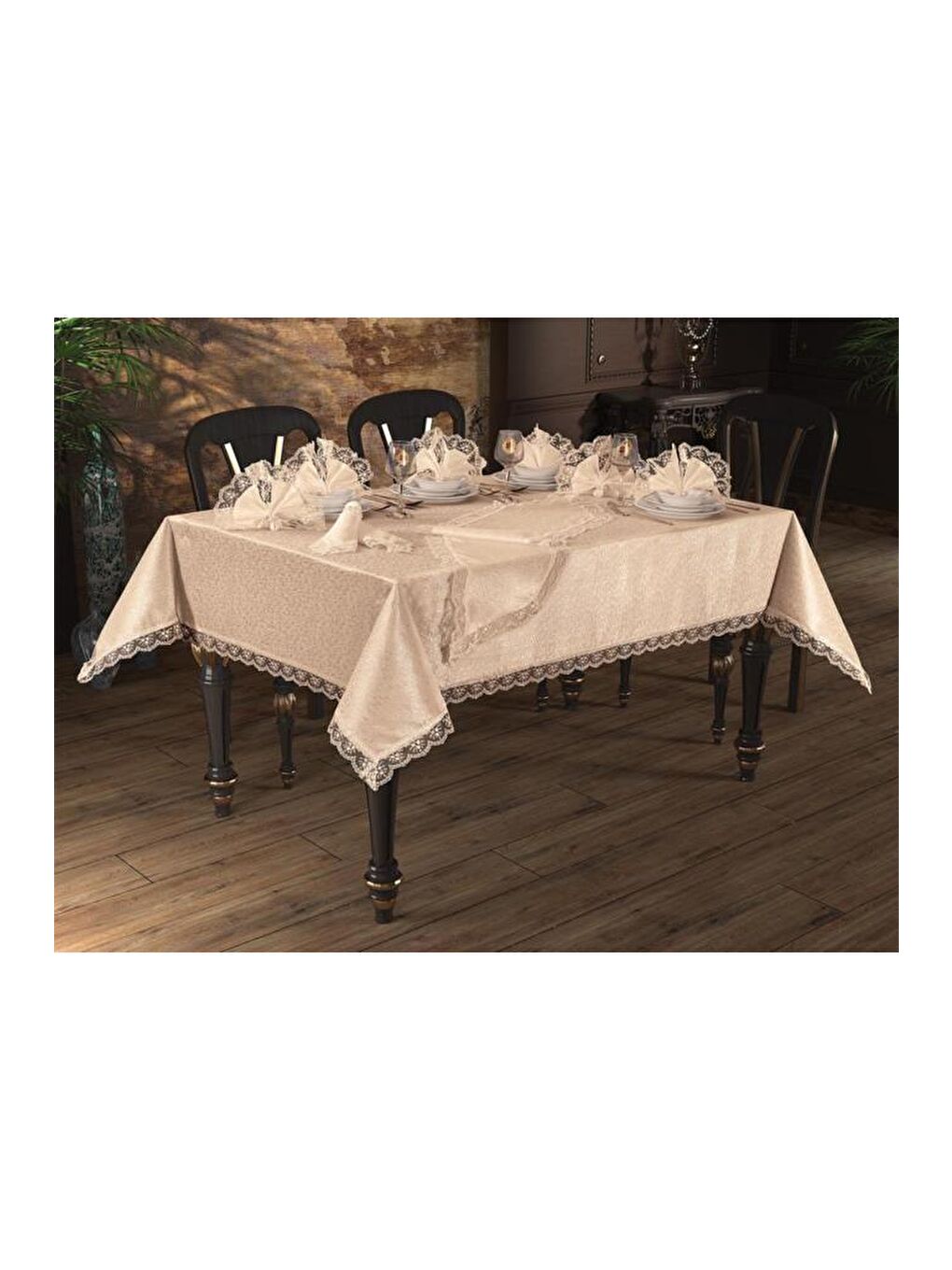 Kahverengi Güpürlü Kdk Masa Örtüsü Takımı 18 Parça Cappucino-1