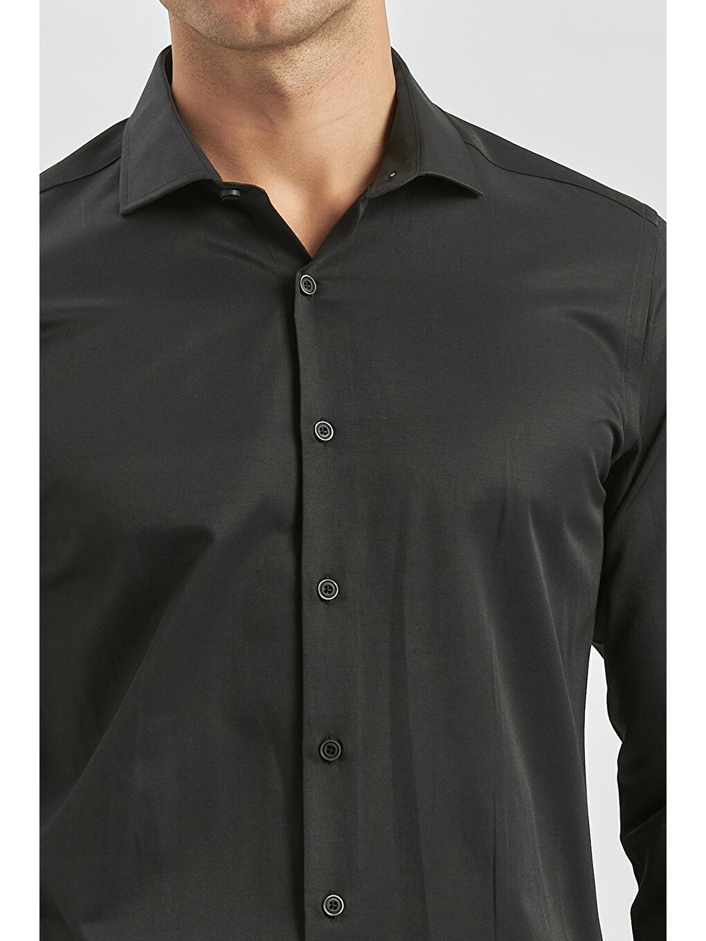 Siyah Uzun Kol Düz Bez Ayağı Yarım İtalyan Yaka Classic Slim Fit Gömlek 1004240268-2