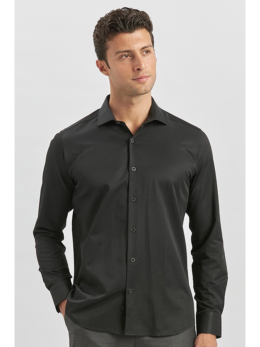 Siyah Uzun Kol Düz Bez Ayağı Yarım İtalyan Yaka Classic Slim Fit Gömlek 1004240268-4