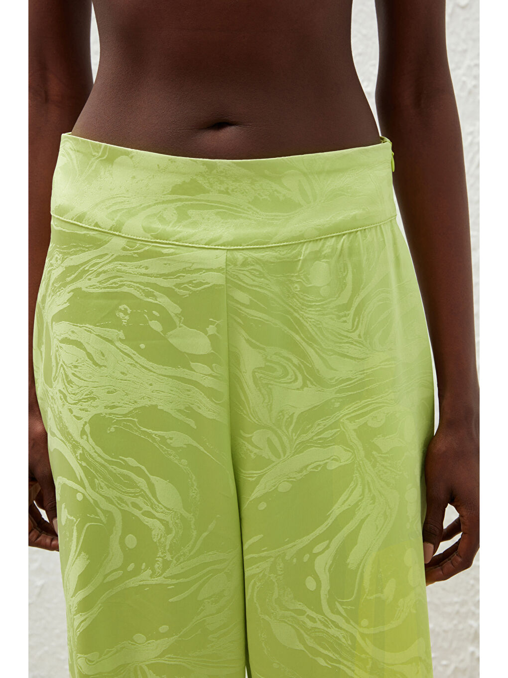 Saten Desenli Salaş Pantolon - Yağ Yeşili-3