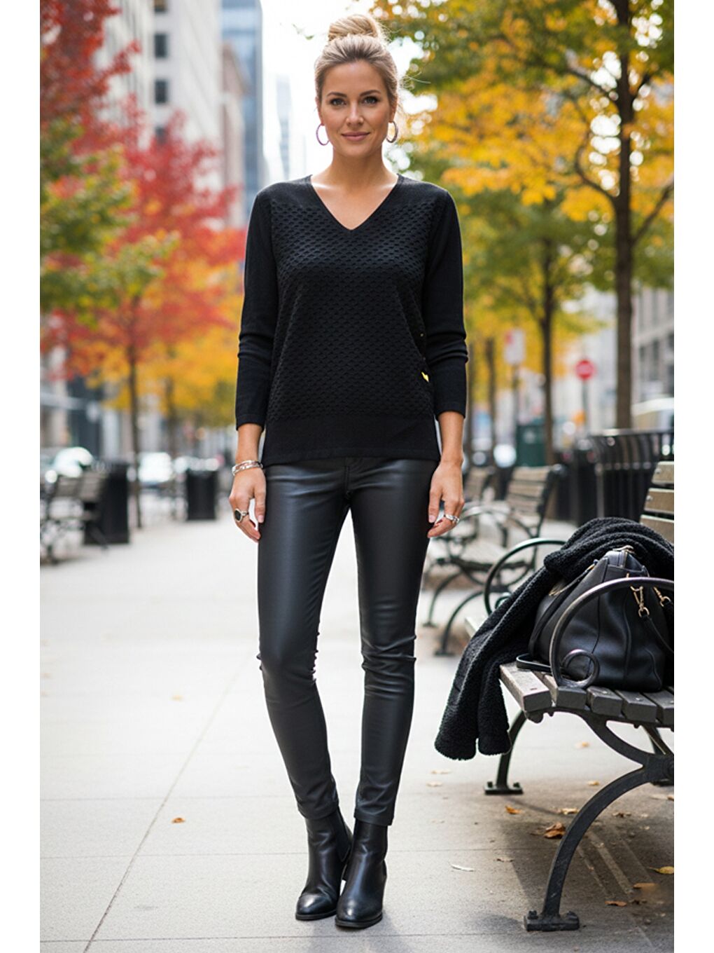 Siyah V Yaka Uzun Kol İnce Casual Ajur Örgü Triko Kazak 65 60-1