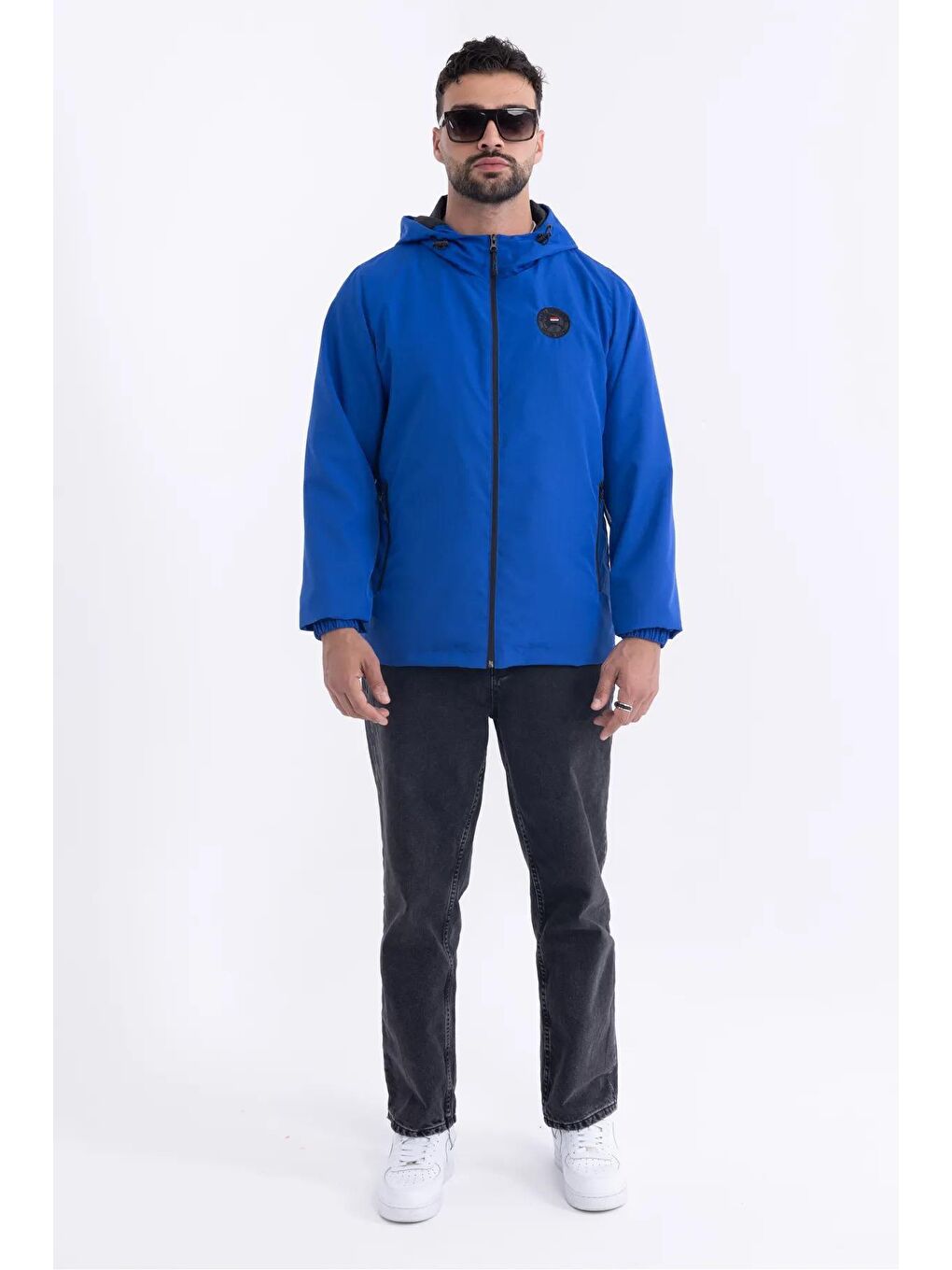 Mavi Erkek İçi Astarlı Rüzgara Dayanıklı Kapüşonlu Yağmurluk - Rüzgarlık Y-15-1