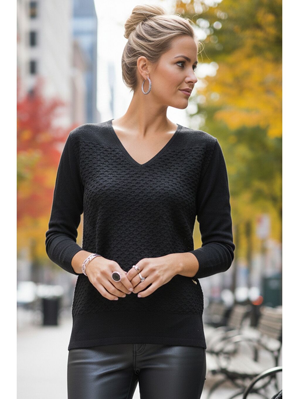 Siyah V Yaka Uzun Kol İnce Casual Ajur Örgü Triko Kazak 65 60-2