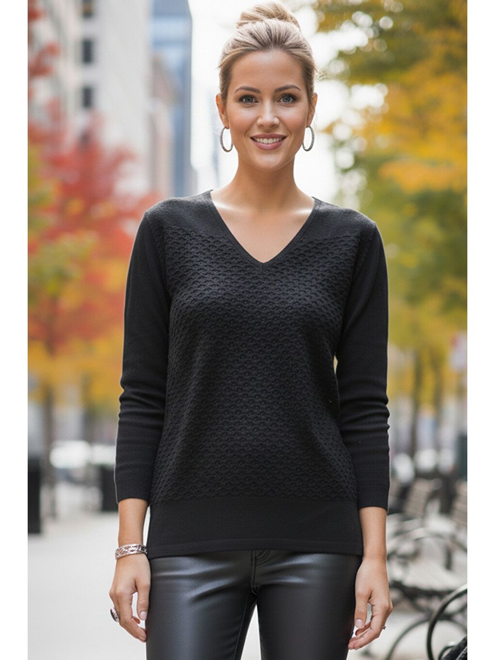 Siyah V Yaka Uzun Kol İnce Casual Ajur Örgü Triko Kazak 65 60-3