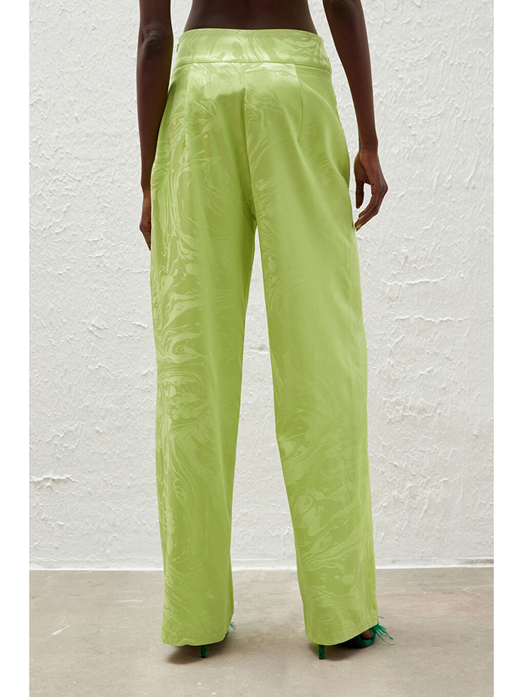 Saten Desenli Salaş Pantolon - Yağ Yeşili-4