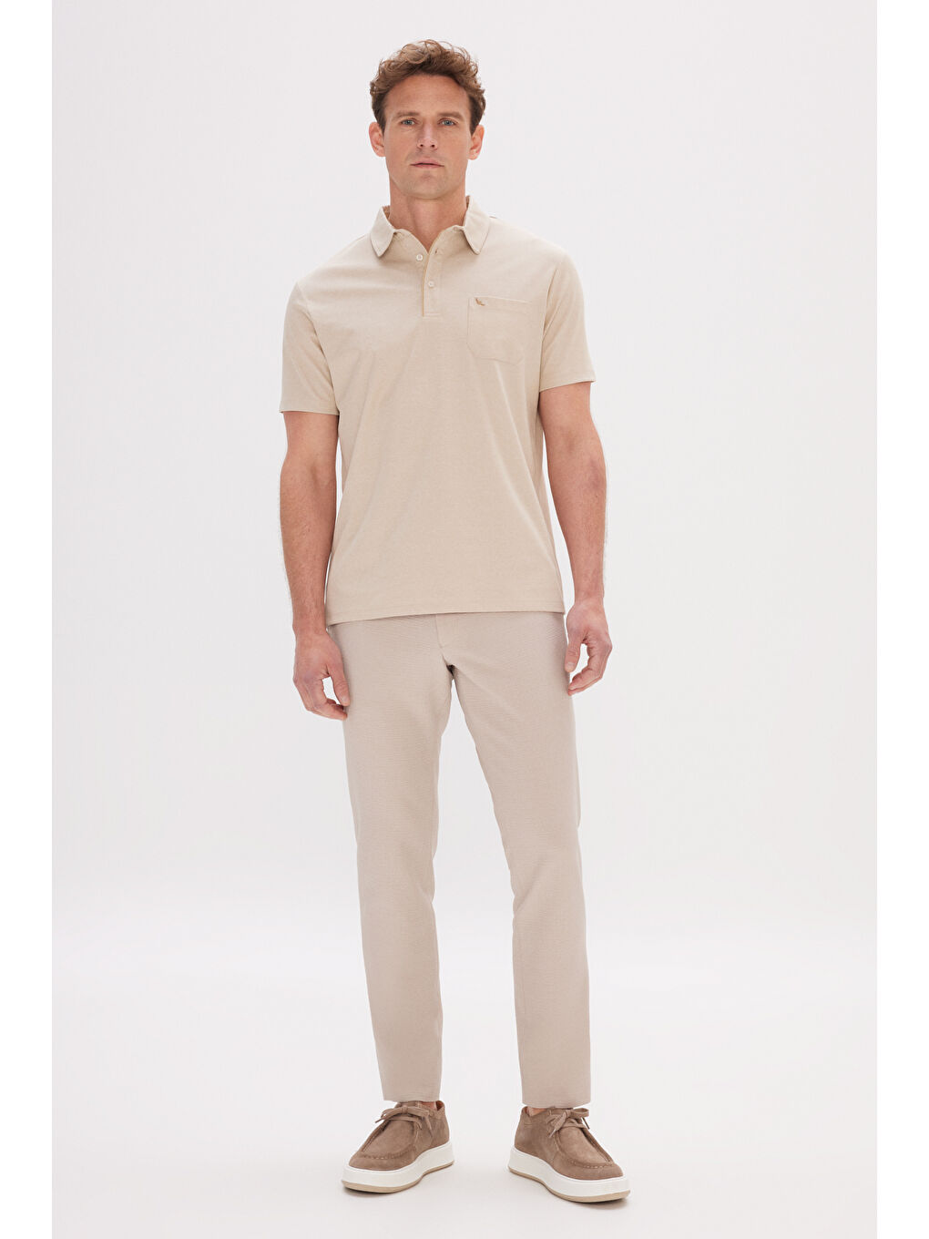 Erkek Bej Comfort Fit Rahat Kesim Polo Yaka Pamuklu Kısa Kollu Tişört-1