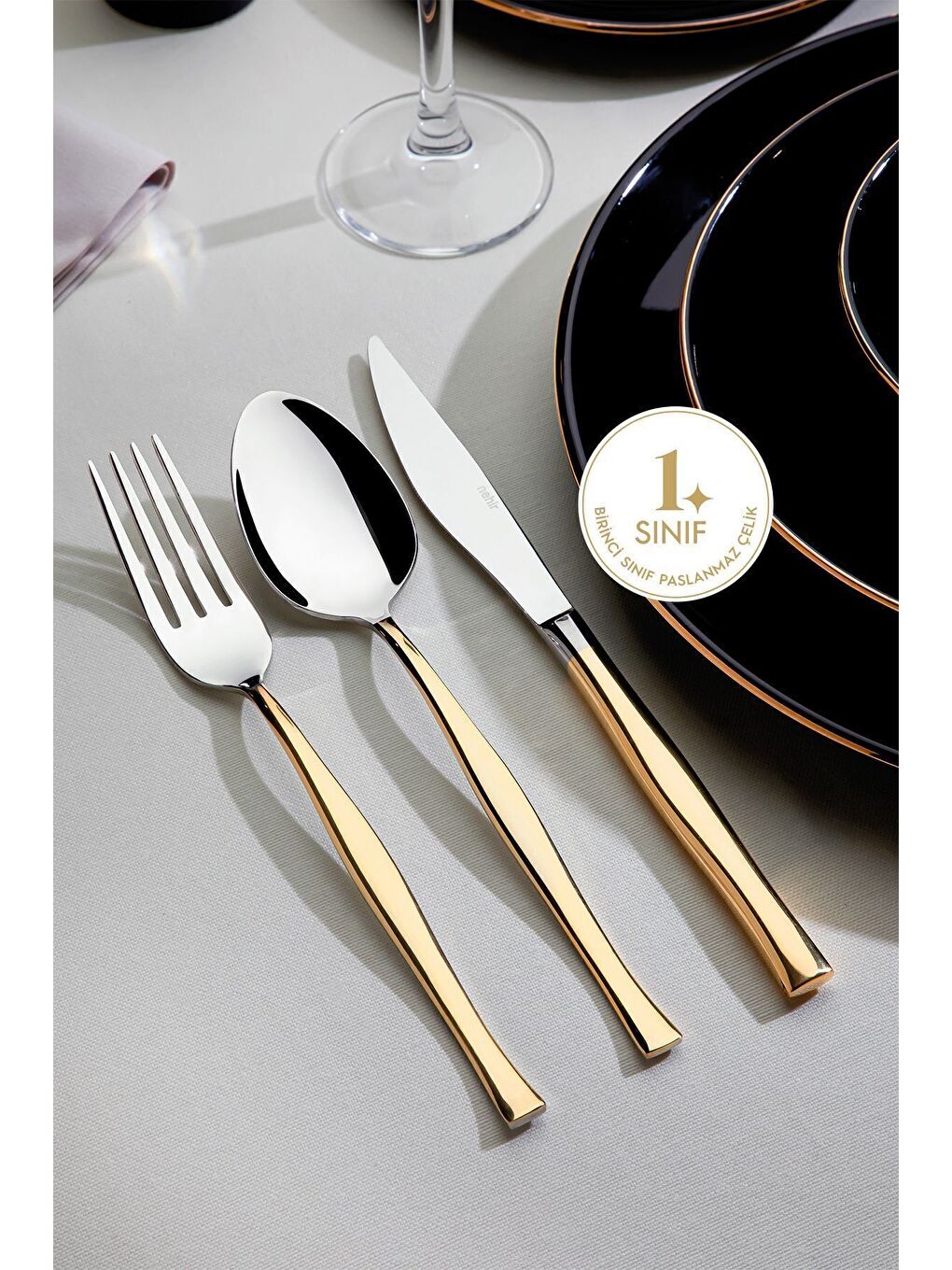 Sarı Zarif Altın Sade 12 Kişilik 89 Parça Deri Kutulu Çatal Kaşık Bıçak Takımı-2