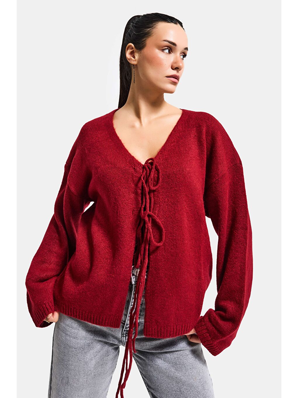 Kadın Bordo Renk w5-35 Önü Bağcıklı Oversize Triko Kazak