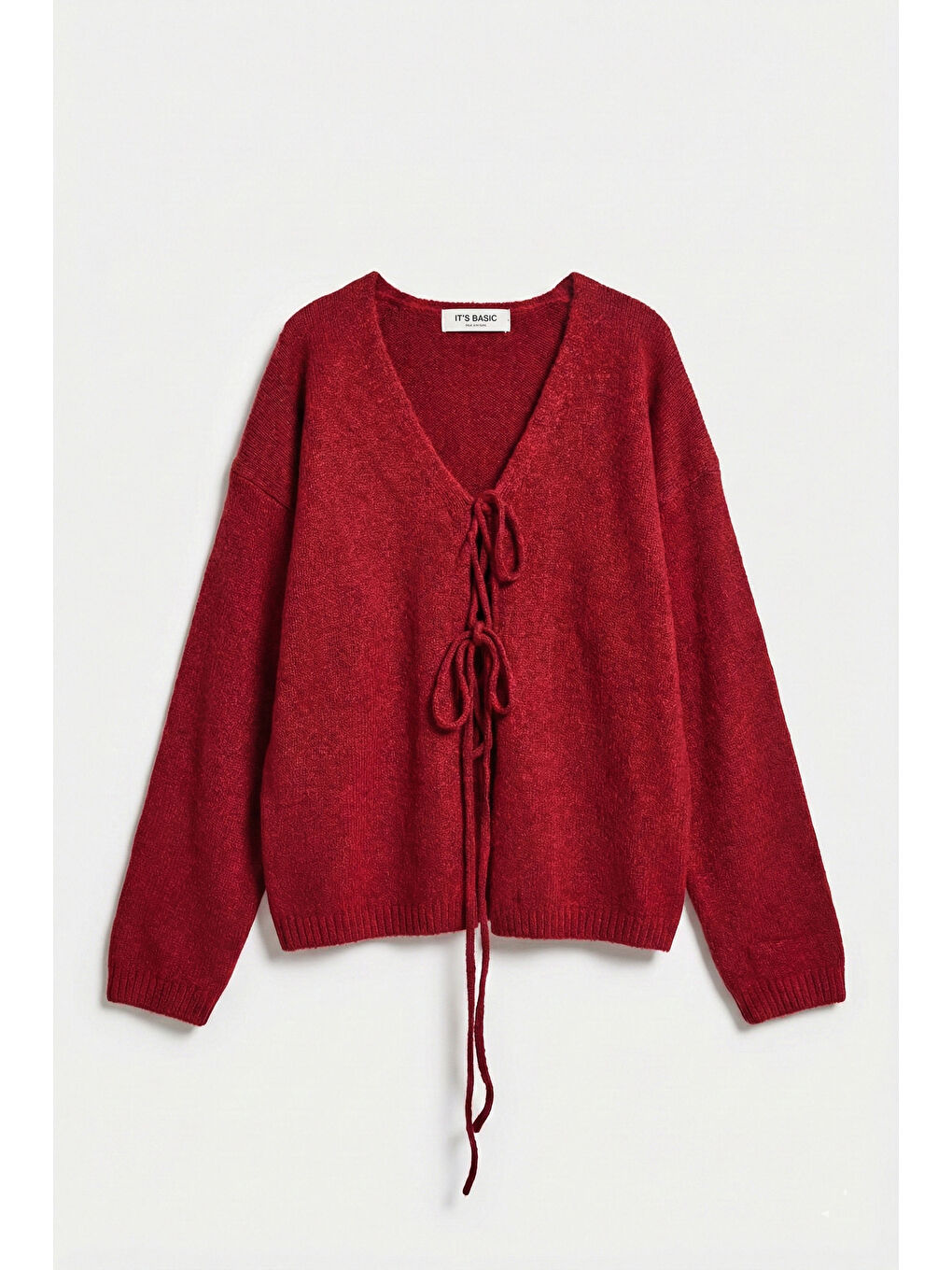 Kadın Bordo Renk w5-35 Önü Bağcıklı Oversize Triko Kazak-1