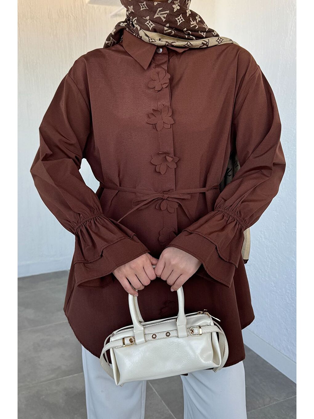 Kahverengi Kadın Bel Bağcıklı Tesettür Gömlek-1