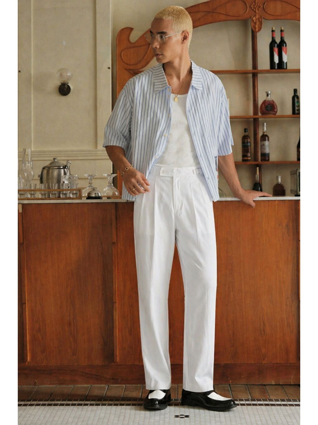 Beyaz Erkek Pileli Old Money Klasik Kumaş Pantolon Rahat Kalıp Yazlık-1