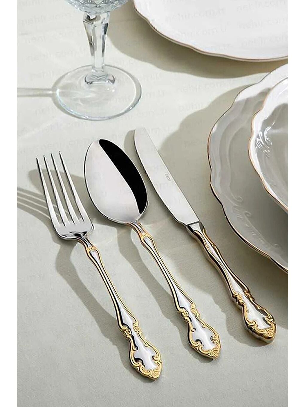 Sarı Adriana Altın Sade 12 Kişilik 89 Parça Deri Kutulu Çatal Kaşık Bıçak Takımı-5