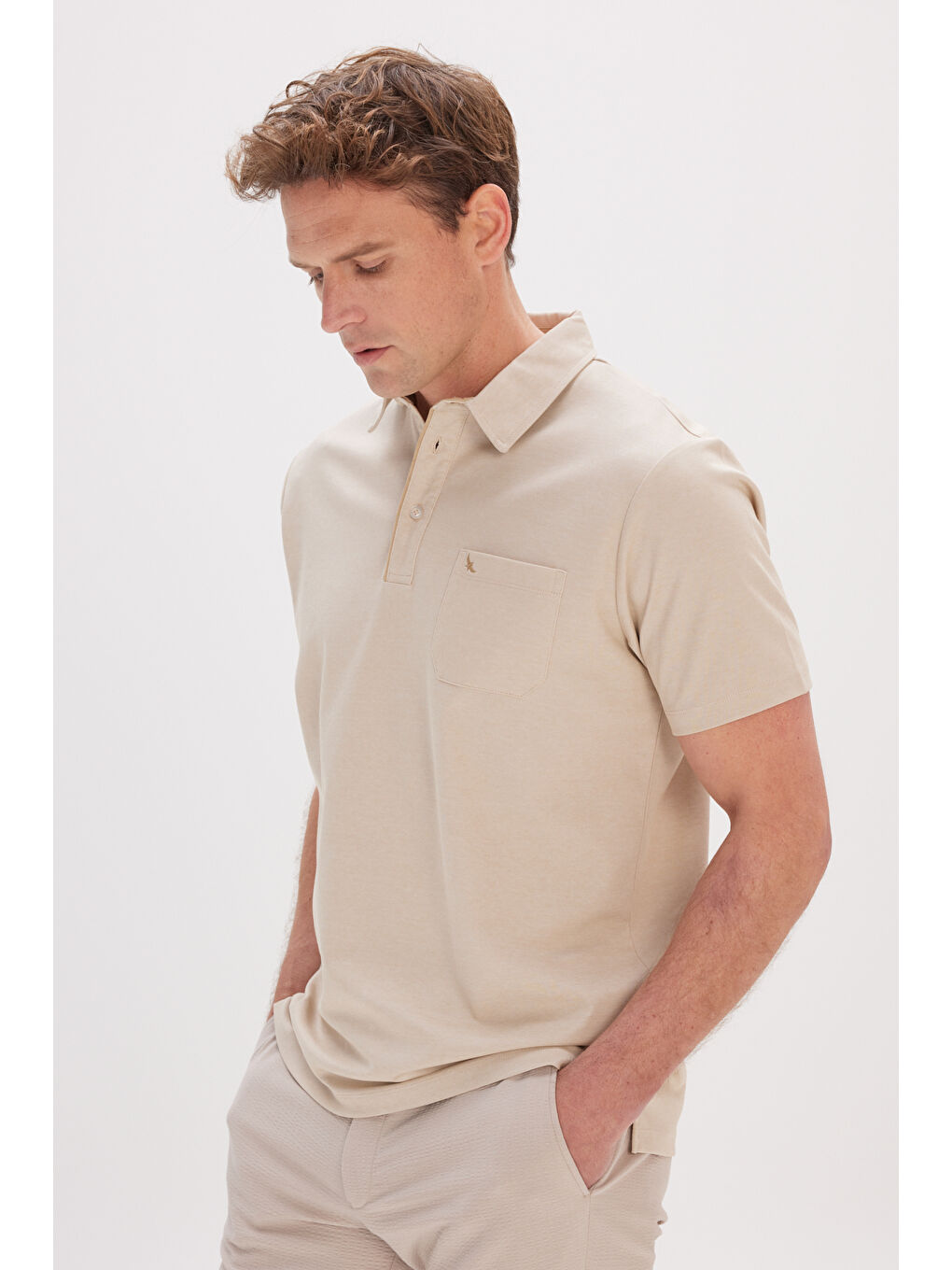 Erkek Bej Comfort Fit Rahat Kesim Polo Yaka Pamuklu Kısa Kollu Tişört-2