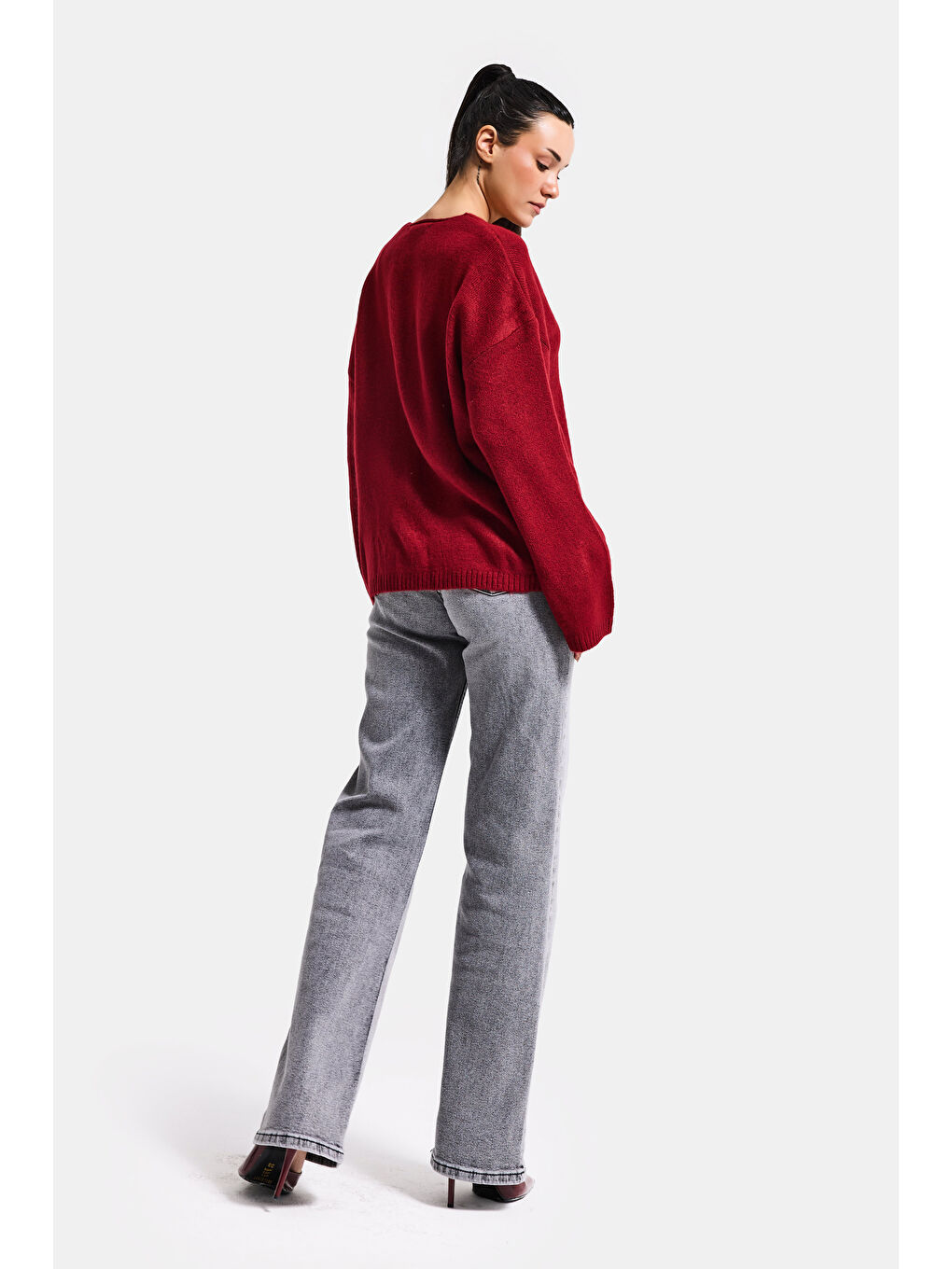 Kadın Bordo Renk w5-35 Önü Bağcıklı Oversize Triko Kazak-4