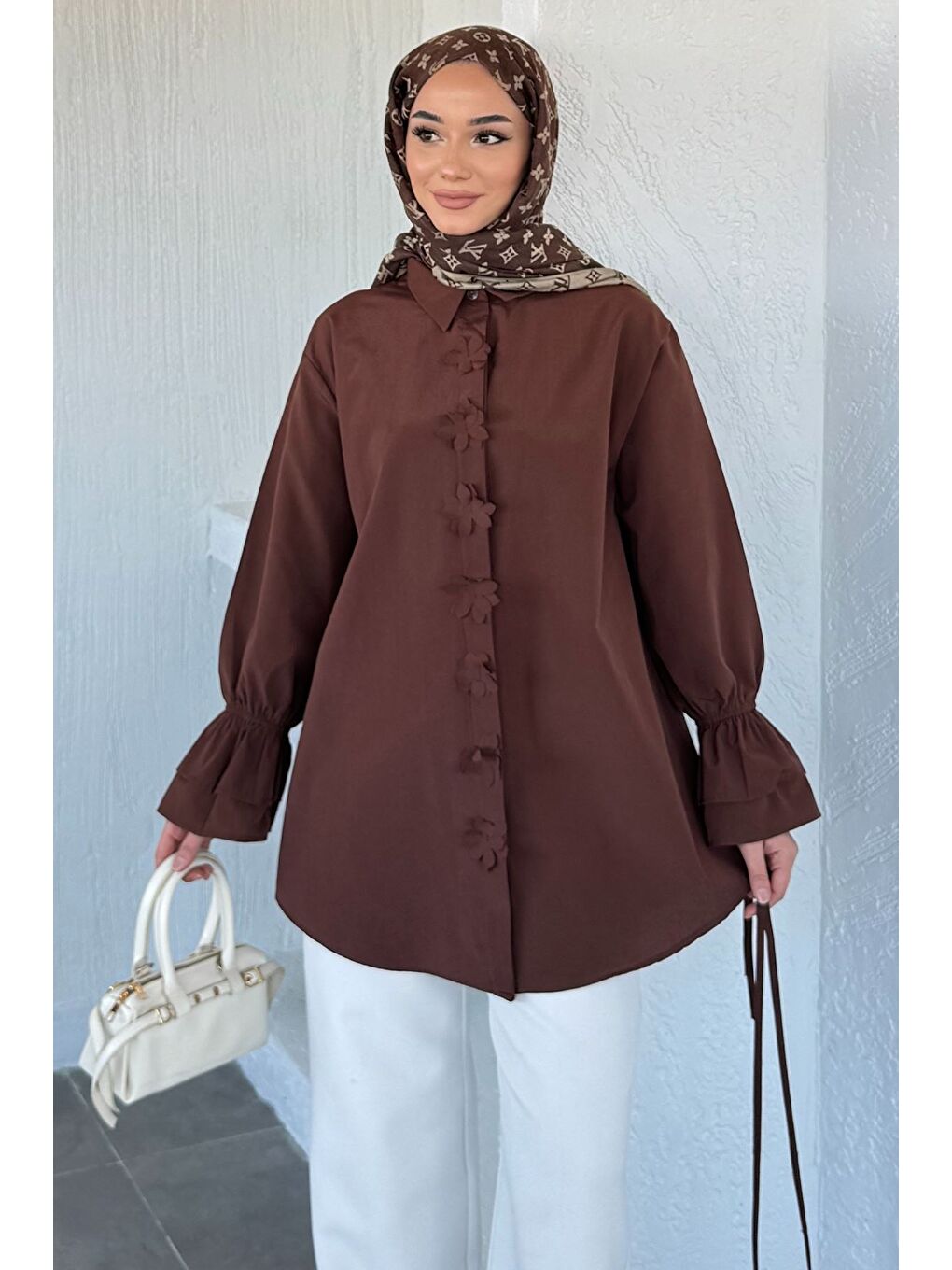 Kahverengi Kadın Bel Bağcıklı Tesettür Gömlek-2