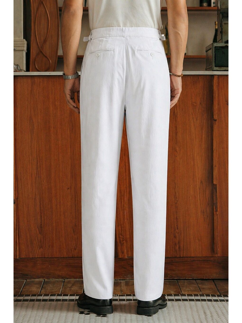 Beyaz Erkek Pileli Old Money Klasik Kumaş Pantolon Rahat Kalıp Yazlık-2