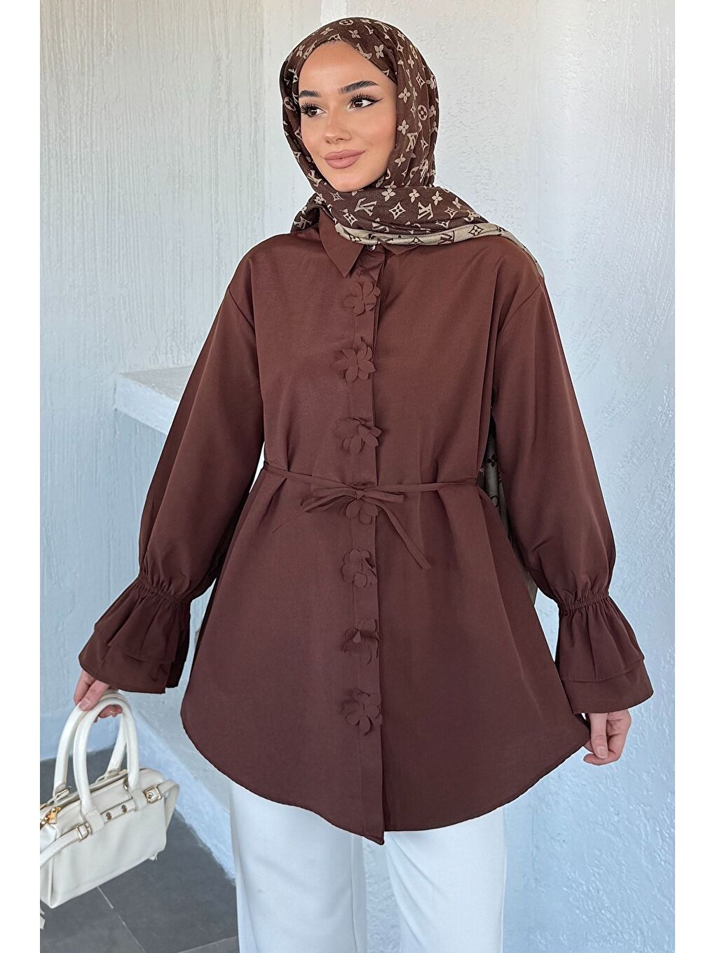 Kahverengi Kadın Bel Bağcıklı Tesettür Gömlek-4