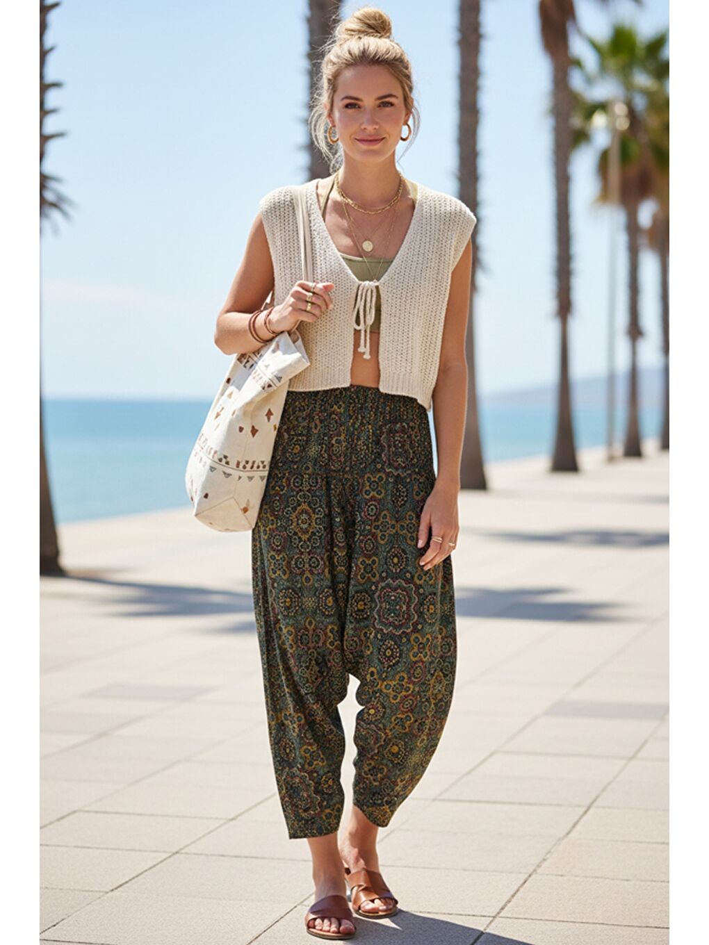 Yeşil Etnik Desenli Allover Baskılı Lastikli Bel Şalvar Paça Casual Dokuma Şalvar Pantolon 105 65-1