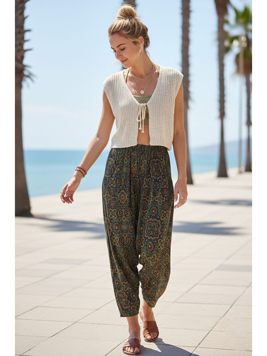Yeşil Etnik Desenli Allover Baskılı Lastikli Bel Şalvar Paça Casual Dokuma Şalvar Pantolon 105 65-2