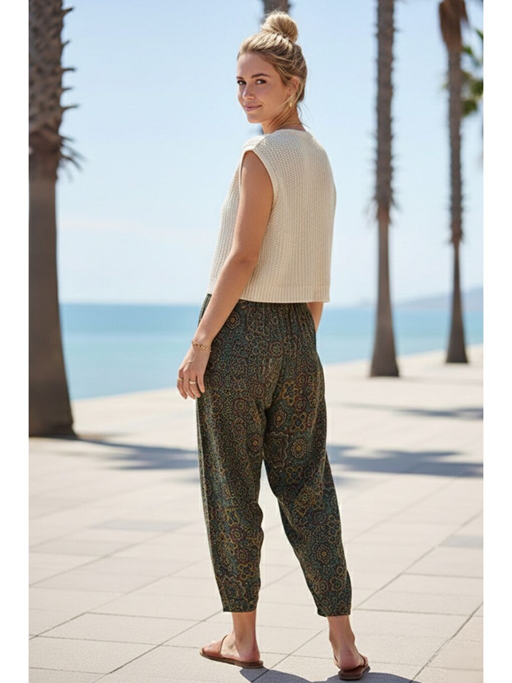 Yeşil Etnik Desenli Allover Baskılı Lastikli Bel Şalvar Paça Casual Dokuma Şalvar Pantolon 105 65-4