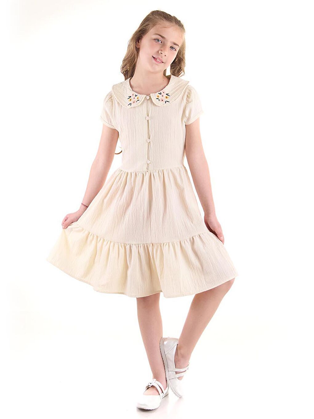 Ekru Kız Çocuk Düğmeli Yaka Nakışlı Elbise Trend Pamuklu-1