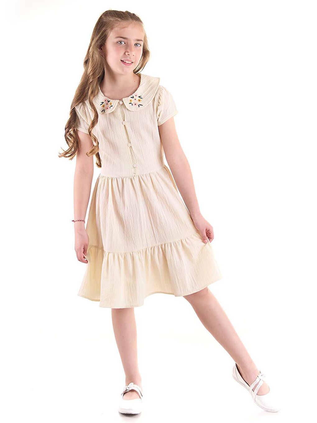 Ekru Kız Çocuk Düğmeli Yaka Nakışlı Elbise Trend Pamuklu-2