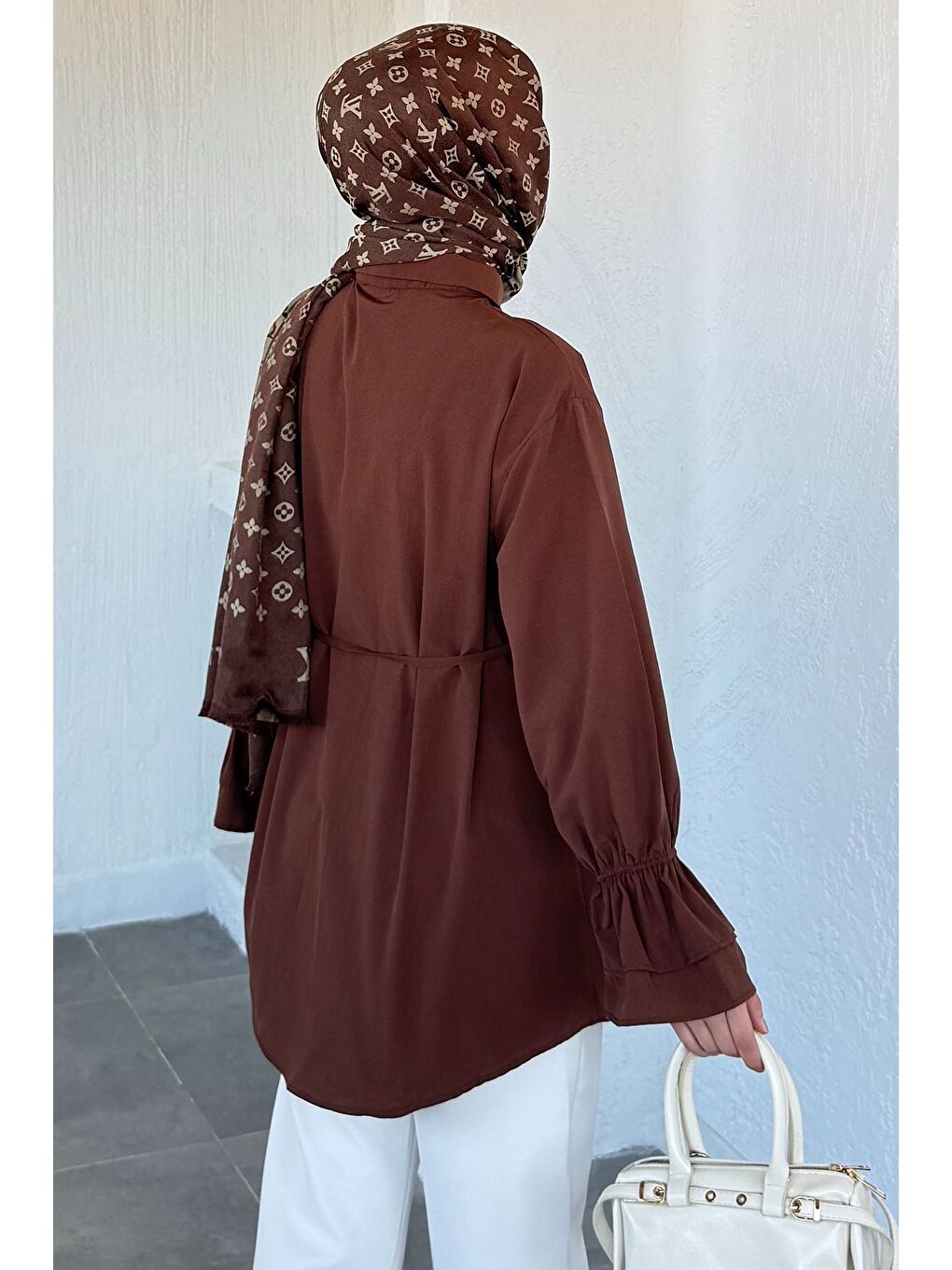 Kahverengi Kadın Bel Bağcıklı Tesettür Gömlek-6