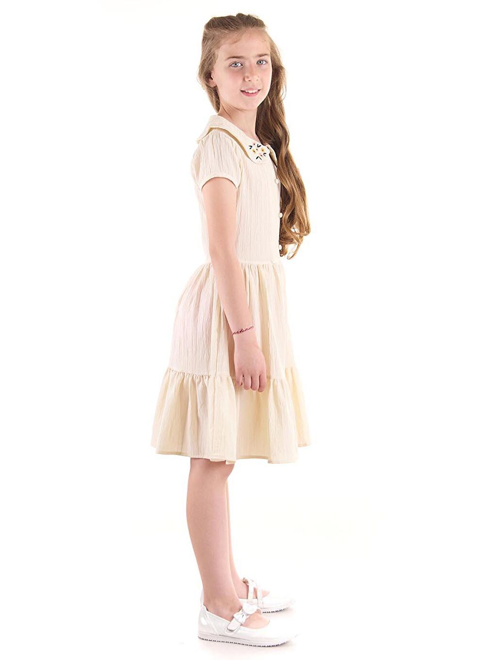 Ekru Kız Çocuk Düğmeli Yaka Nakışlı Elbise Trend Pamuklu-3