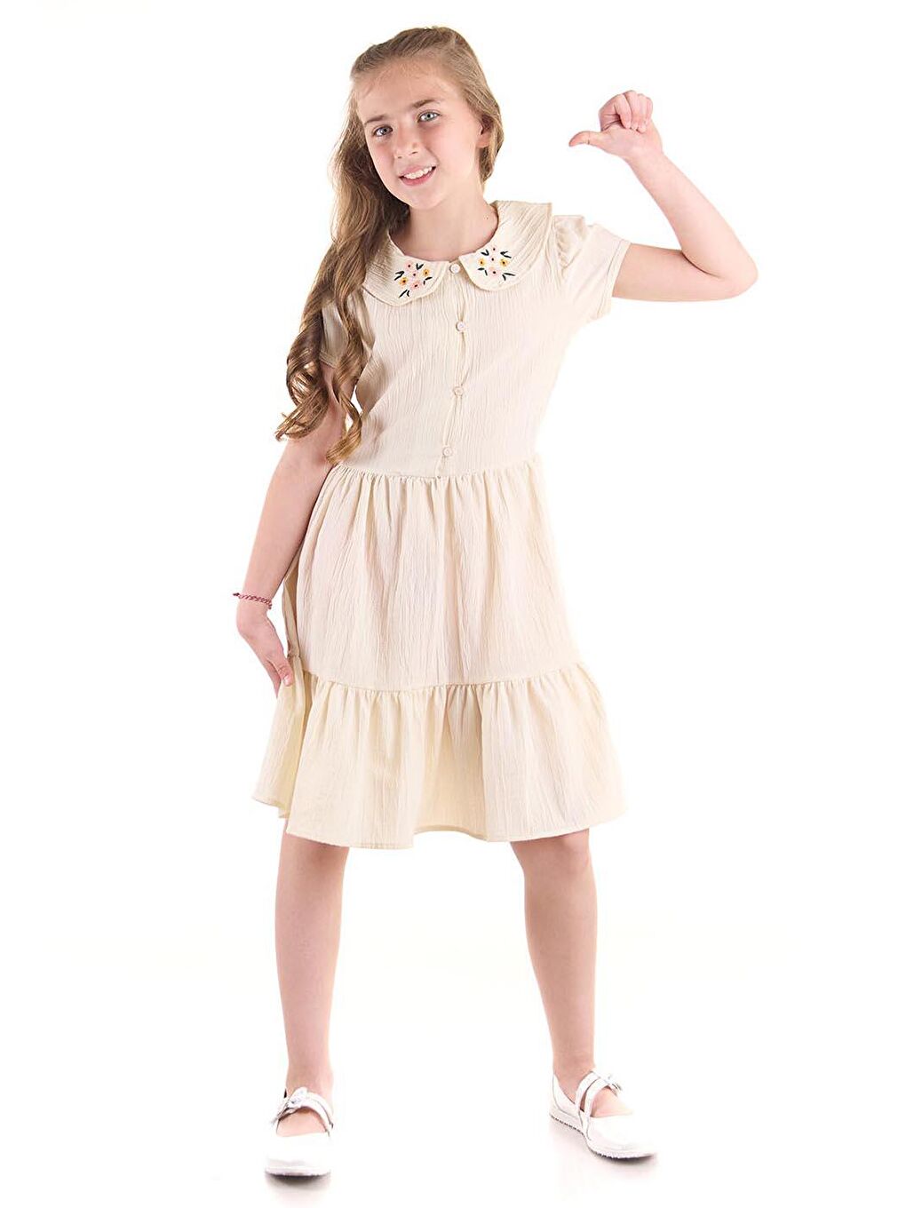 Ekru Kız Çocuk Düğmeli Yaka Nakışlı Elbise Trend Pamuklu-4