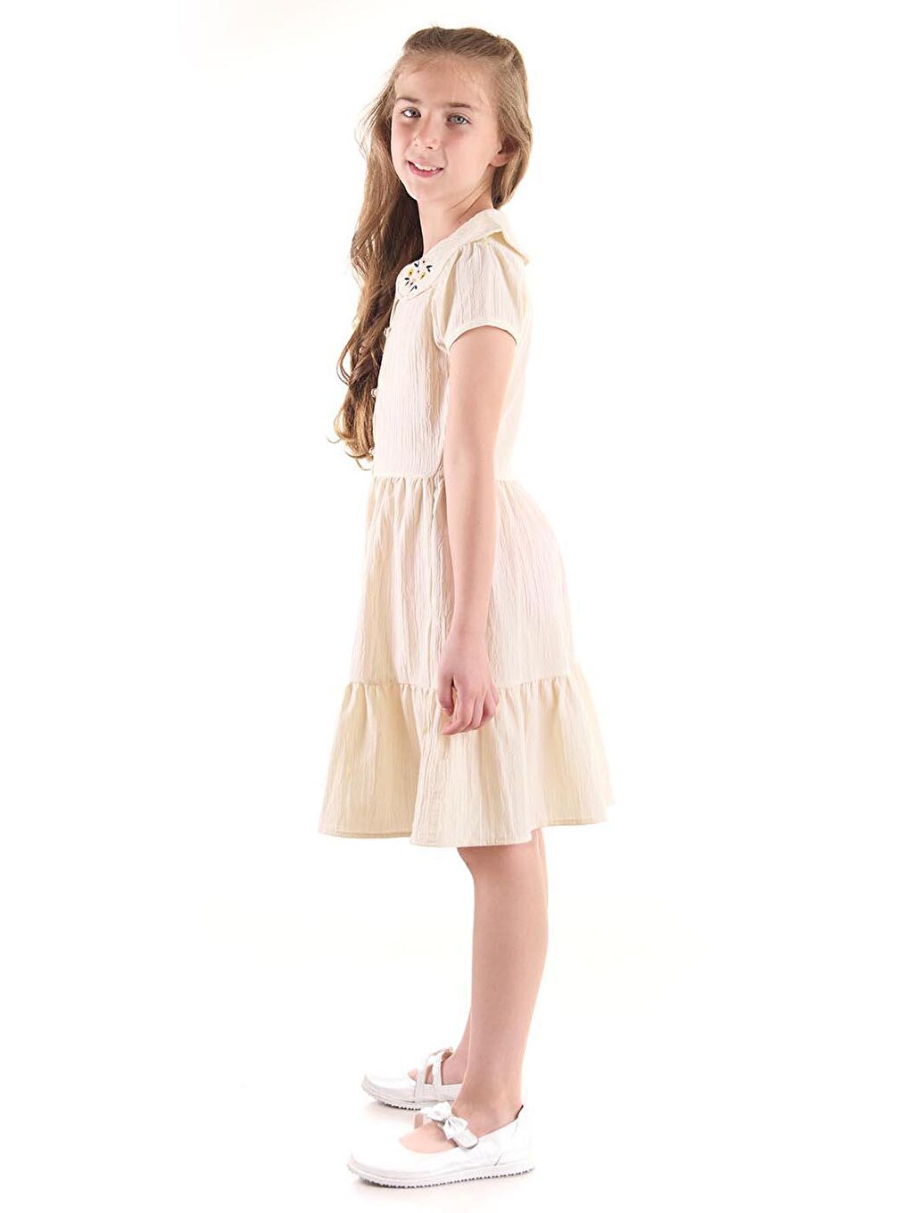 Ekru Kız Çocuk Düğmeli Yaka Nakışlı Elbise Trend Pamuklu-6