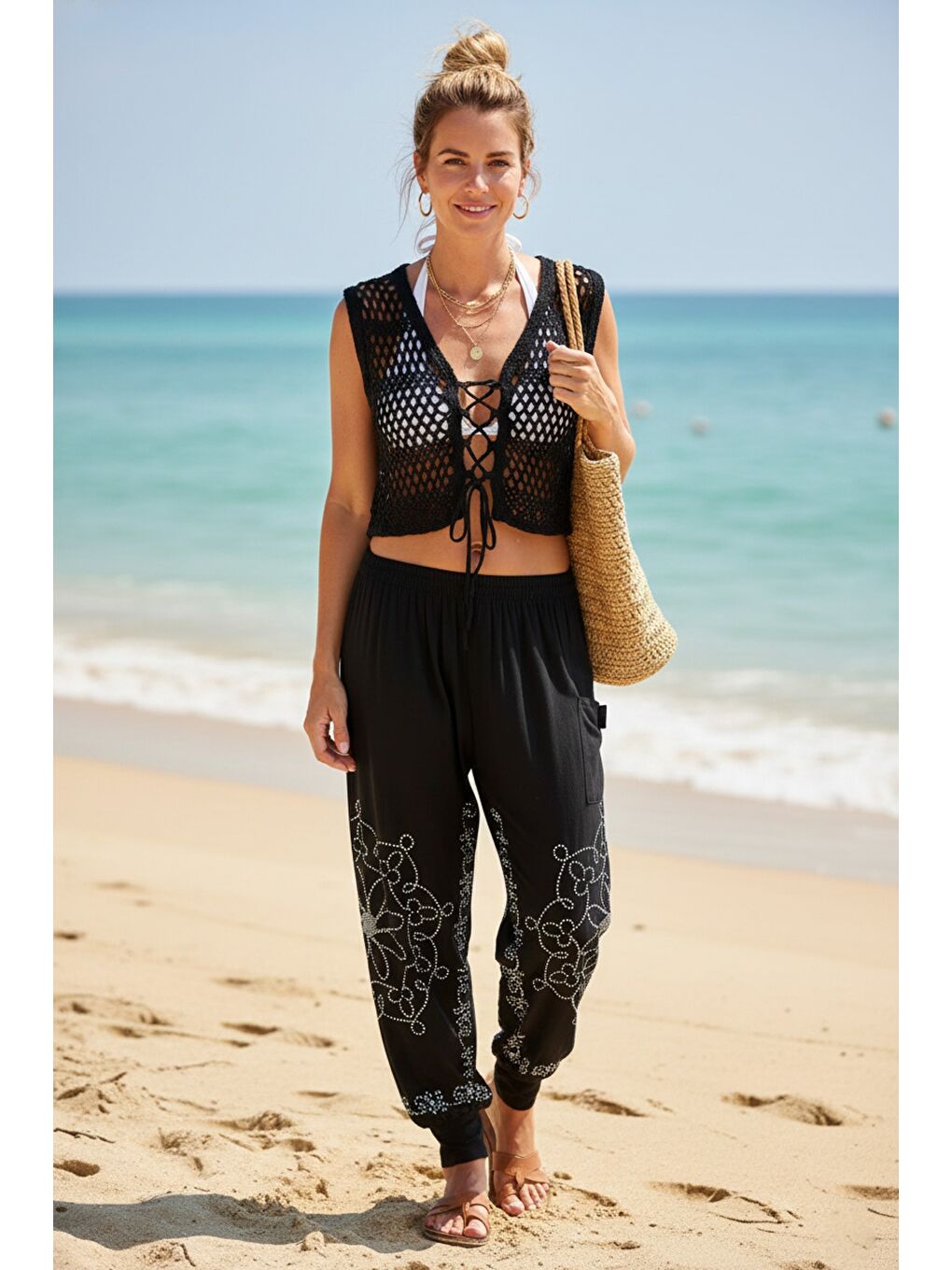 Siyah-Beyaz Baskılı Cepli Lastikli Bel Lastikli Paça Casual Örme Şalvar Pantolon 95 60-1