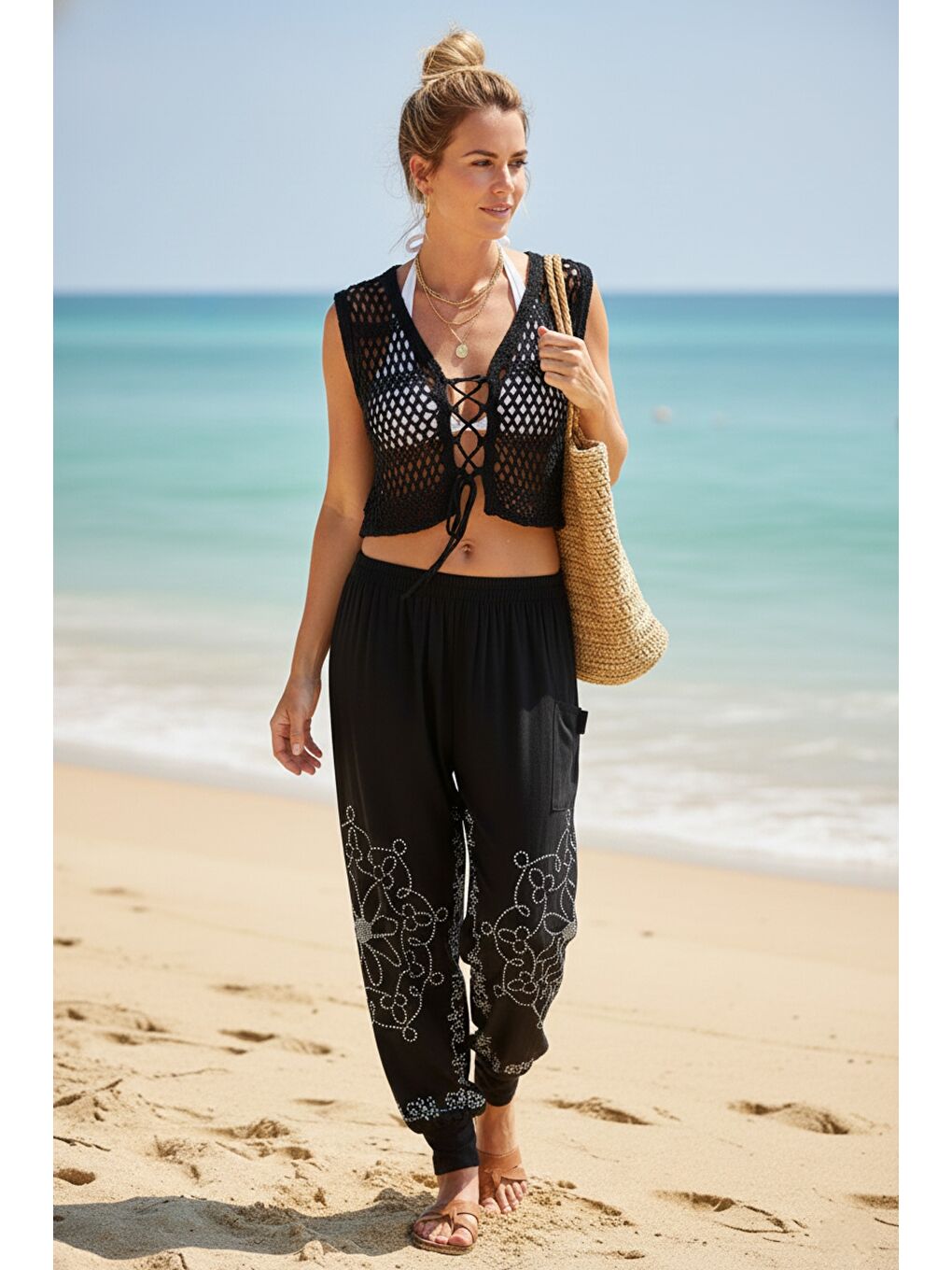 Siyah-Beyaz Baskılı Cepli Lastikli Bel Lastikli Paça Casual Örme Şalvar Pantolon 95 60-2