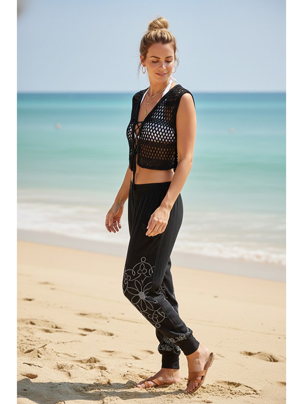 Siyah-Beyaz Baskılı Cepli Lastikli Bel Lastikli Paça Casual Örme Şalvar Pantolon 95 60-3