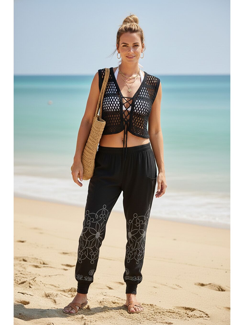 Siyah-Beyaz Baskılı Cepli Lastikli Bel Lastikli Paça Casual Örme Şalvar Pantolon 95 60-4