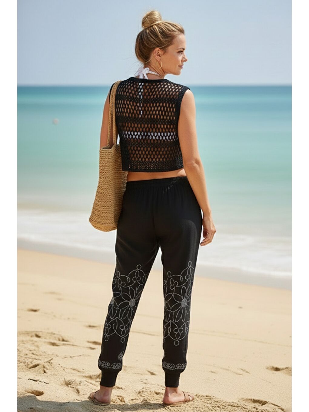 Siyah-Beyaz Baskılı Cepli Lastikli Bel Lastikli Paça Casual Örme Şalvar Pantolon 95 60-5