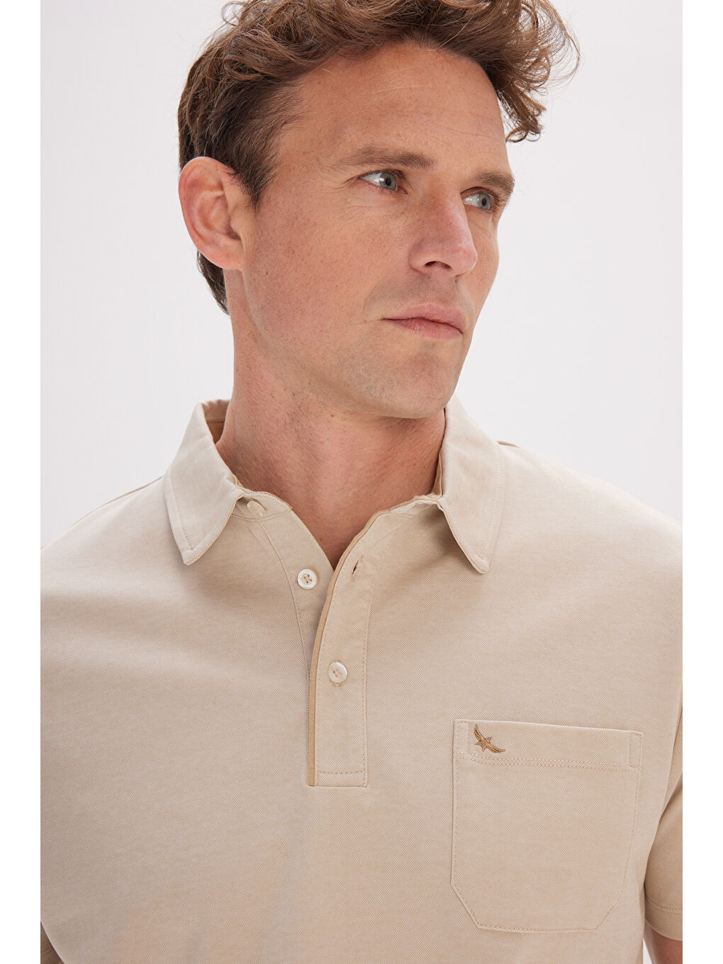 Erkek Bej Comfort Fit Rahat Kesim Polo Yaka Pamuklu Kısa Kollu Tişört-3