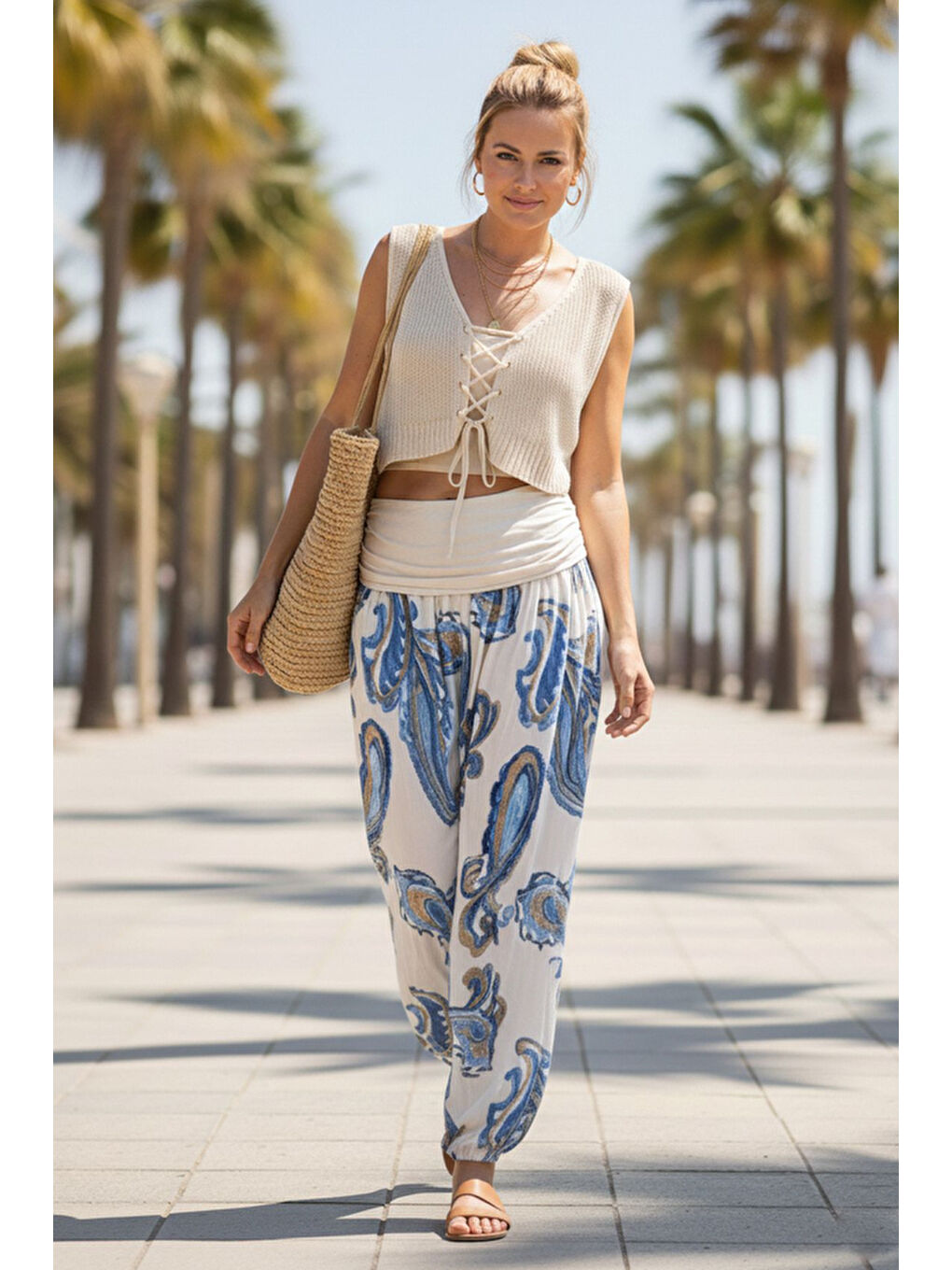 İtalyan Ekru Şal Desenli İnce Yüksek Bel Lastikli Paça Casual Bol Dokuma Pantolon 102 55-75-5