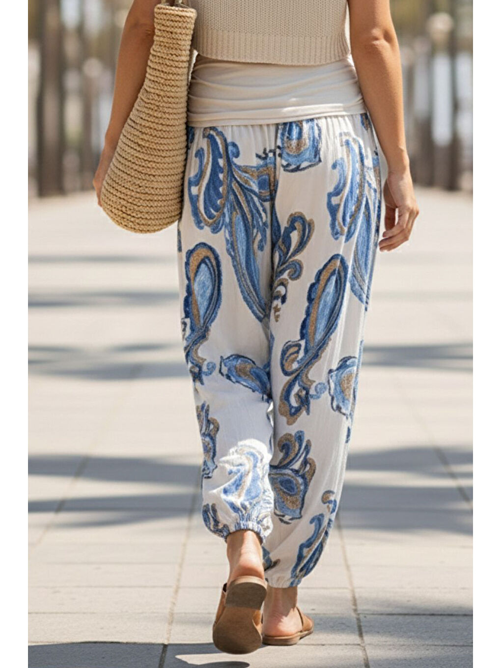 İtalyan Ekru Şal Desenli İnce Yüksek Bel Lastikli Paça Casual Bol Dokuma Pantolon 102 55-75-6