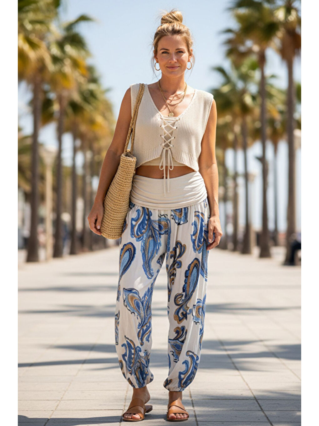 İtalyan Ekru Şal Desenli İnce Yüksek Bel Lastikli Paça Casual Bol Dokuma Pantolon 102 55-75-1