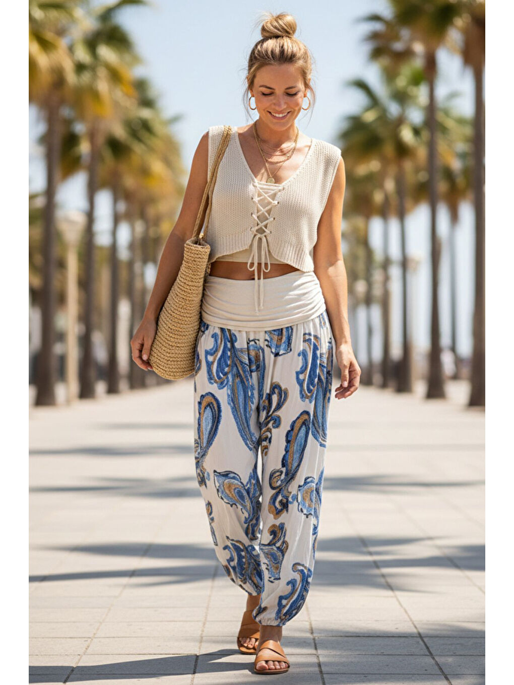 İtalyan Ekru Şal Desenli İnce Yüksek Bel Lastikli Paça Casual Bol Dokuma Pantolon 102 55-75-2