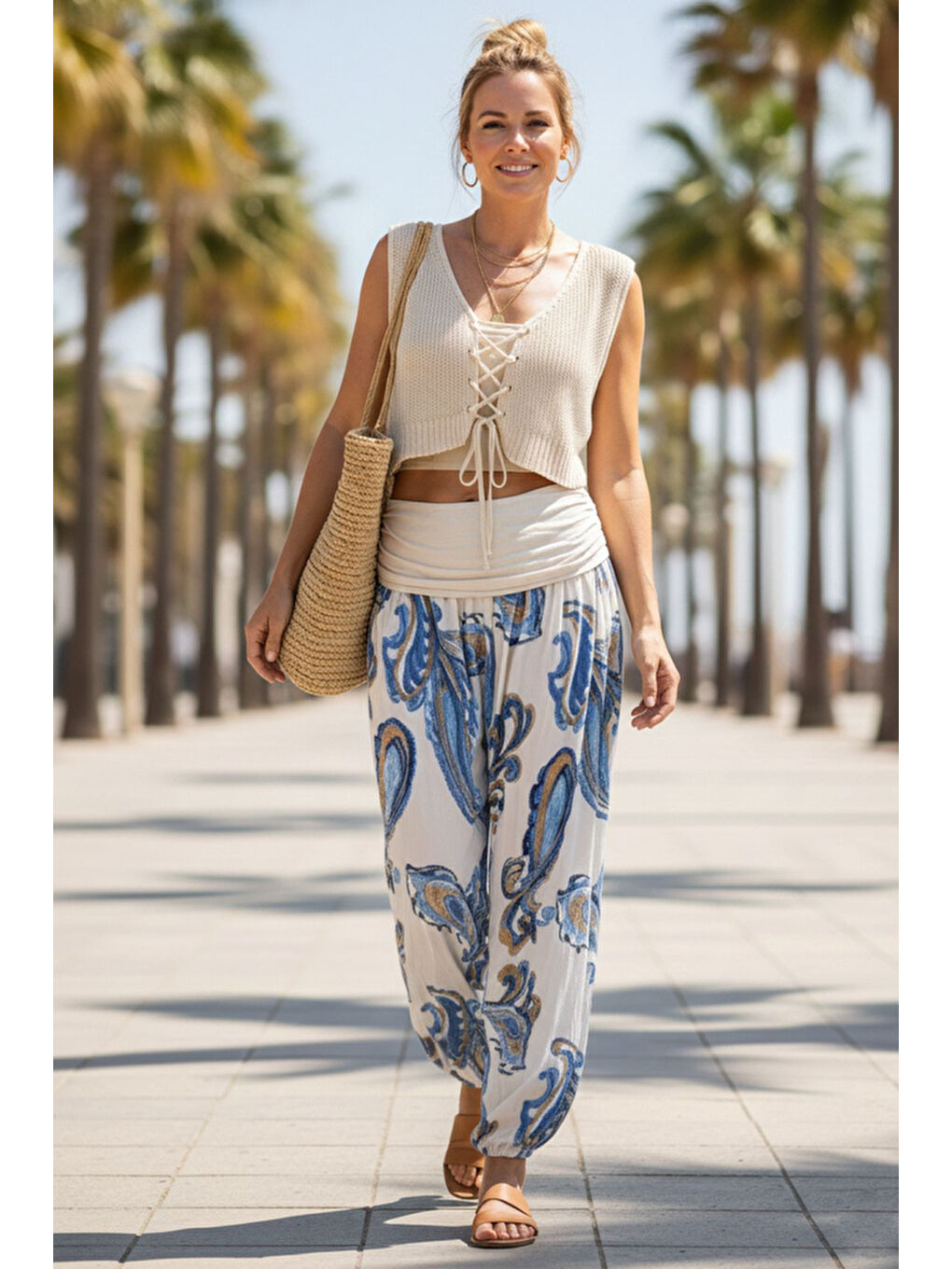 İtalyan Ekru Şal Desenli İnce Yüksek Bel Lastikli Paça Casual Bol Dokuma Pantolon 102 55-75-3