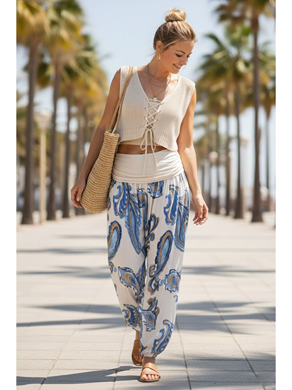 İtalyan Ekru Şal Desenli İnce Yüksek Bel Lastikli Paça Casual Bol Dokuma Pantolon 102 55-75-4