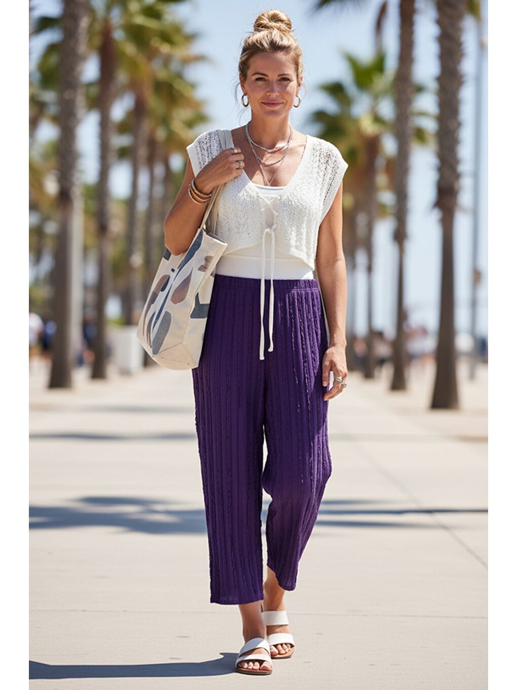 Mor Lastikli Bel Geniş Paça Casual Ajur Örgü Örme Pantolon 100 65-1