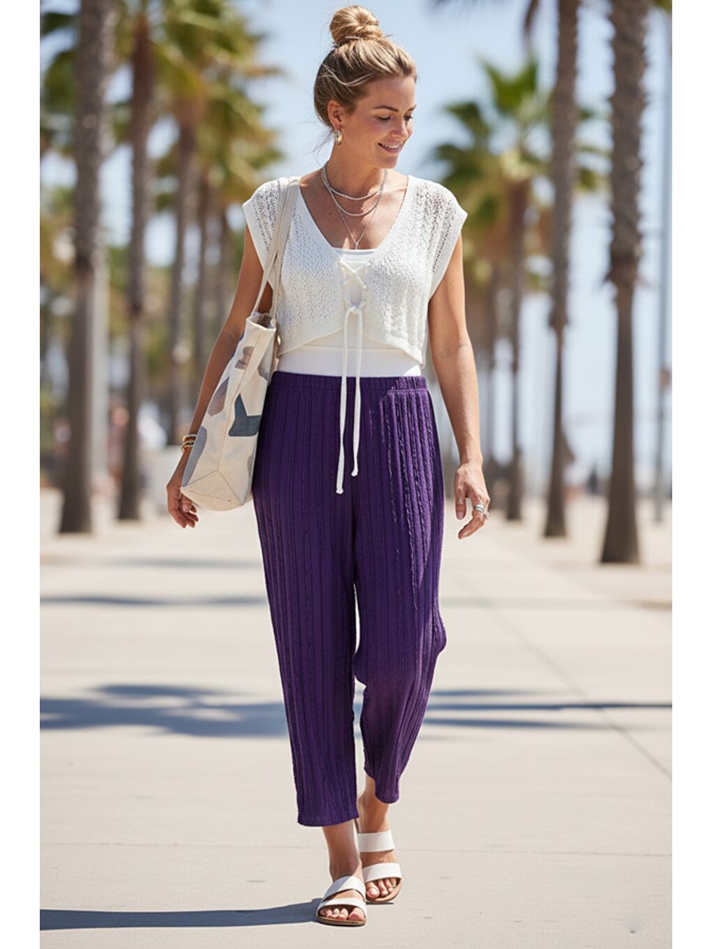 Mor Lastikli Bel Geniş Paça Casual Ajur Örgü Örme Pantolon 100 65-2