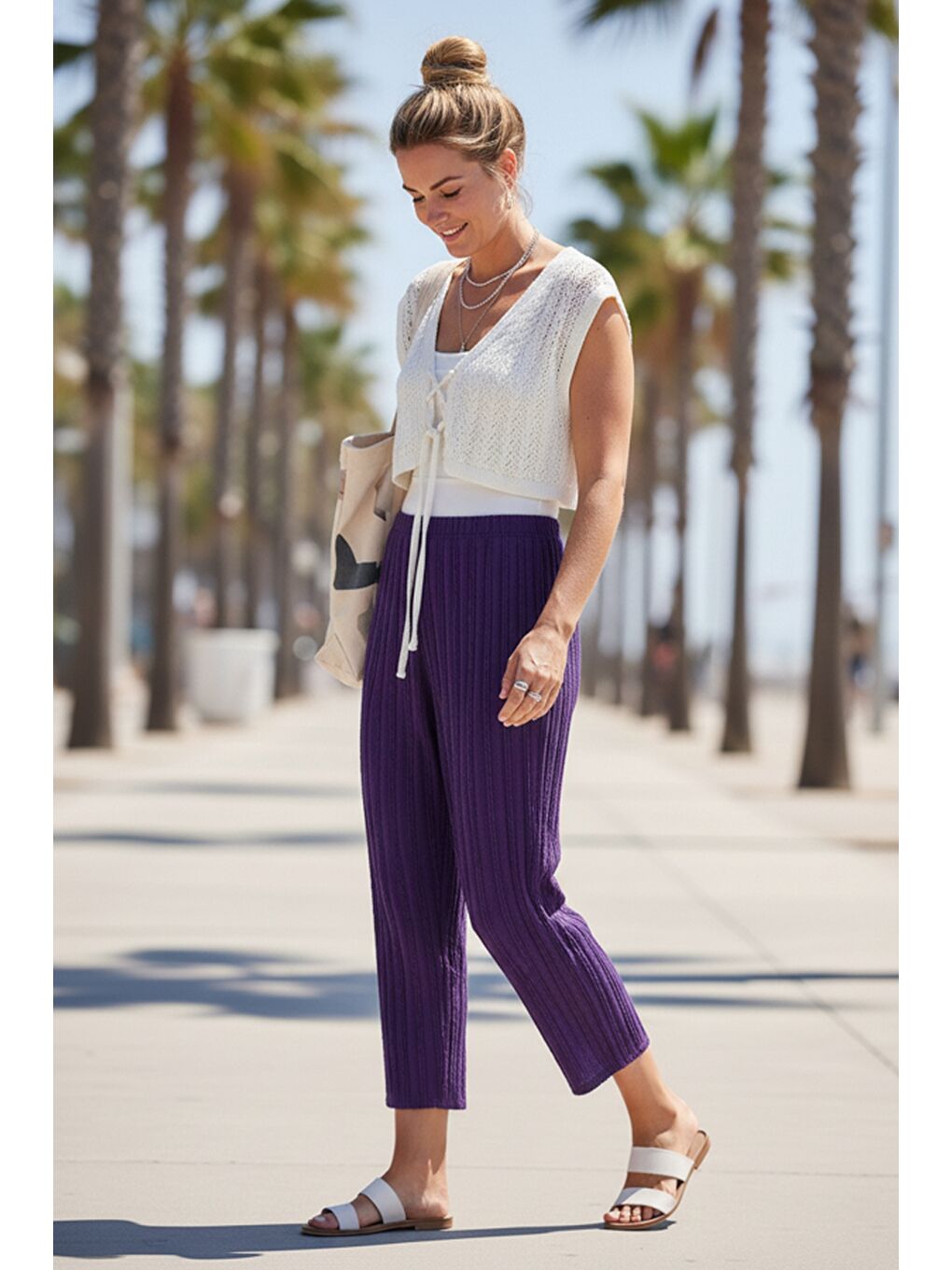 Mor Lastikli Bel Geniş Paça Casual Ajur Örgü Örme Pantolon 100 65-3